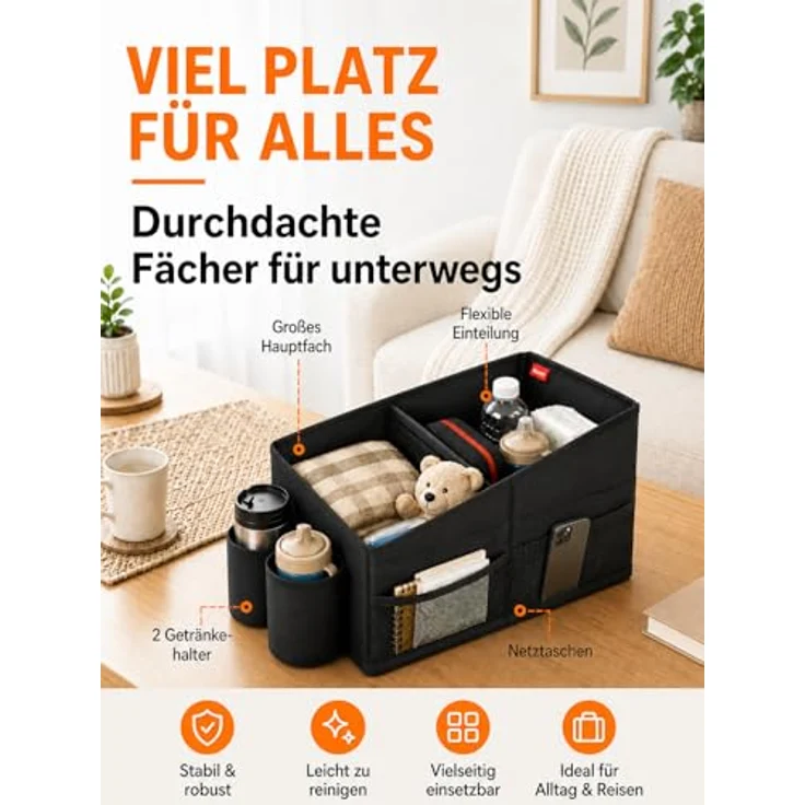 WOCVRYY Autositz Organizer für Kinder, 3 große Fächer, 8 Netztaschen, 2 Getränkehalter, wasserdichtes Oxford-Gewebe, rutschfest, Gurtbefestigung – Bild 5