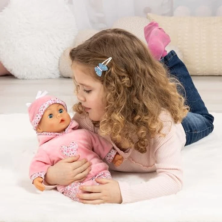 Bayer Babypuppe First Words Baby, 38 cm, rosa, mit Schlafaugen und 24 Babygeräuschen, 3-tlg. Set mit Flasche und Schnuller – Bild 2