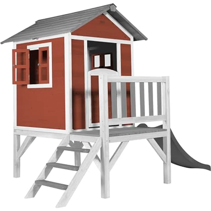 AXI Spielhaus Beach Lodge XL, Rot mit Rutsche in Grau, Stelzenhaus aus FSC Hemlock-Holz für Kinder, kompakter Spielturm für den Garten – Bild 2