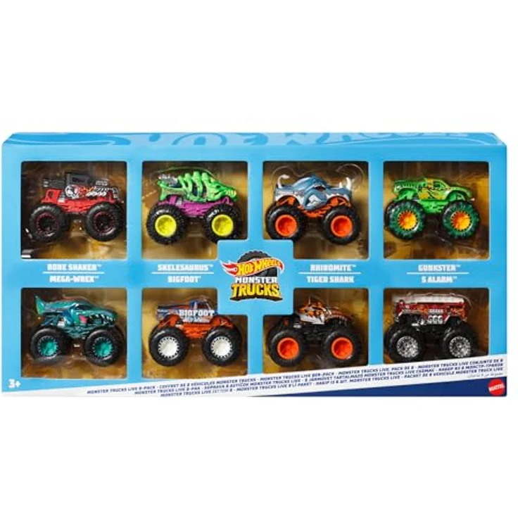 Hot Wheels Monster Trucks JCW76, Set aus 8 Die-Cast-Spielzeugtrucks im Maßstab 1:64 mit beliebten Charakteren, inkl. Rhinomite, Bone Shaker, Tiger Shark, Skelesaurus, Mega Wrex, 5-Alarm, Gunkster und Bigfoot – Bild 1