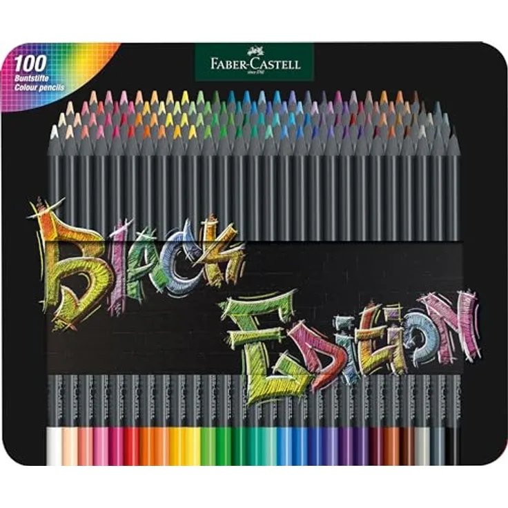 Faber-Castell 116490 - Buntstifte Black Edition, 100er Metalletui, bruchsicher, für Kinder und Erwachsene