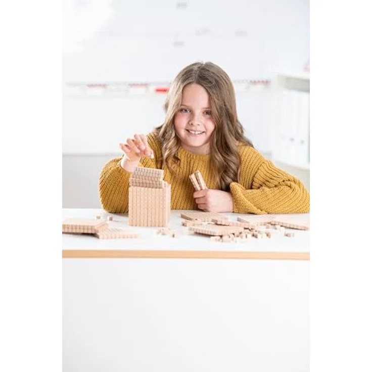 Betzold Zehnersystemsatz, Lernspielzeug aus massiver Buche für Mathematik mit 100 Einerwürfeln, 20 Zehnerstangen, 10 Hunderterplatten und 1 Tausenderblock – Bild 6