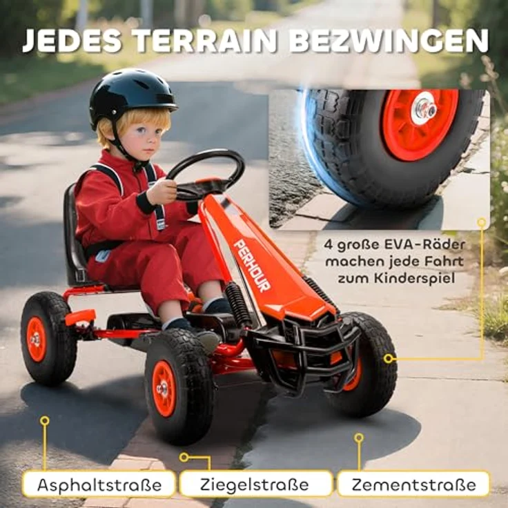 AIYAPLAY Go-Kart Tretauto mit Handbremse, verstellbarem Sitz und Pedalantrieb für Kinder 3-8 Jahre, Rot – Bild 5