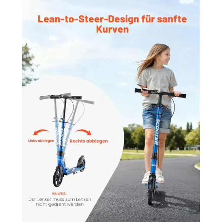 VEVOR Scooter 2-Räder, Faltbarer Kinderroller mit höhenverstellbarem Lenker (33,9-39,4 Zoll), rutschfestem Deck, Handbremse, bis 100 kg, Schwarz + Blau – Bild 4