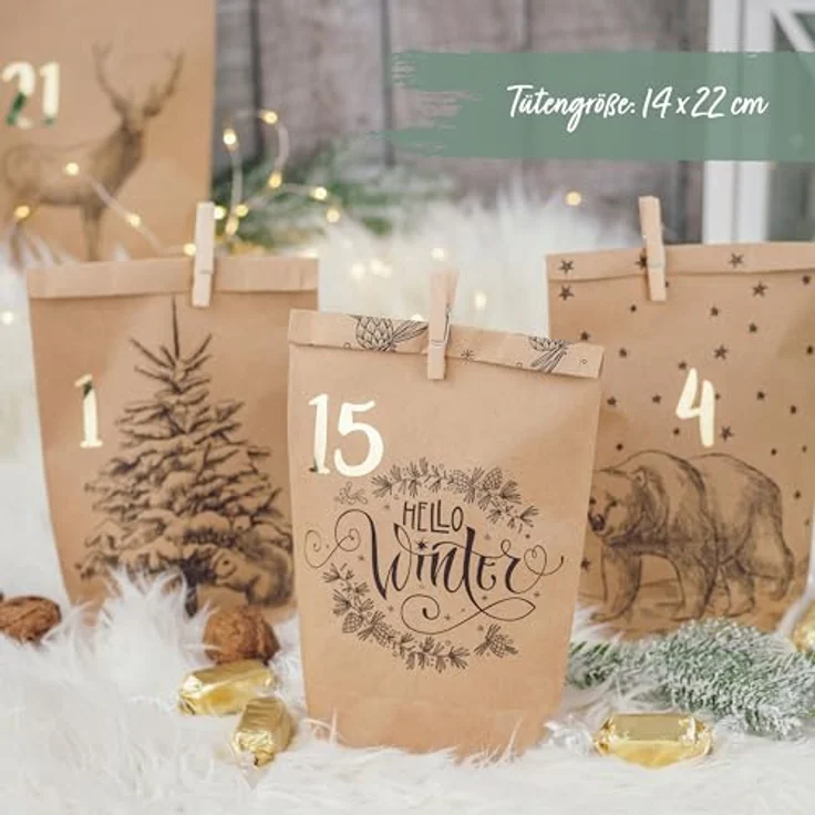 PAPIERDRACHEN Adventskalender zum Befüllen - 24 Bedruckte Geschenktüten und 24 Zahlenaufkleber und Klammern - Motiv Cozy Winter schwarz - zum Basteln und Verschenken - Weihnachten - Preisvergleich – Bild 4