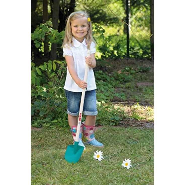 Theo Klein 2794 Bosch Stielgeräte Set, Kinder-Gartenspielzeug mit Schaufel, Laubrechen, Rechen und Besen, für Kinder ab 3 Jahren, Holzstiele, made in Germany – Bild 2