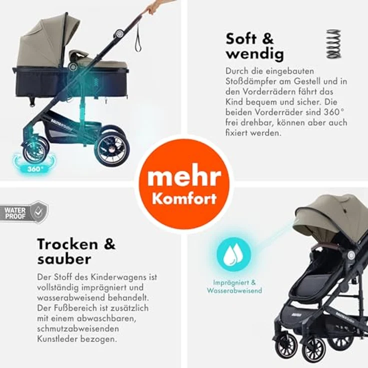 Daliya® NEOMOVE 3in1 Kinderwagen, Buggy & i-Size Babyschale | Alu-Rahmen | Reisekinderwagen & Sportwagen | Großer Einkaufskorb | Stadt & Gelände (Schwarz-Beige) – Bild 4
