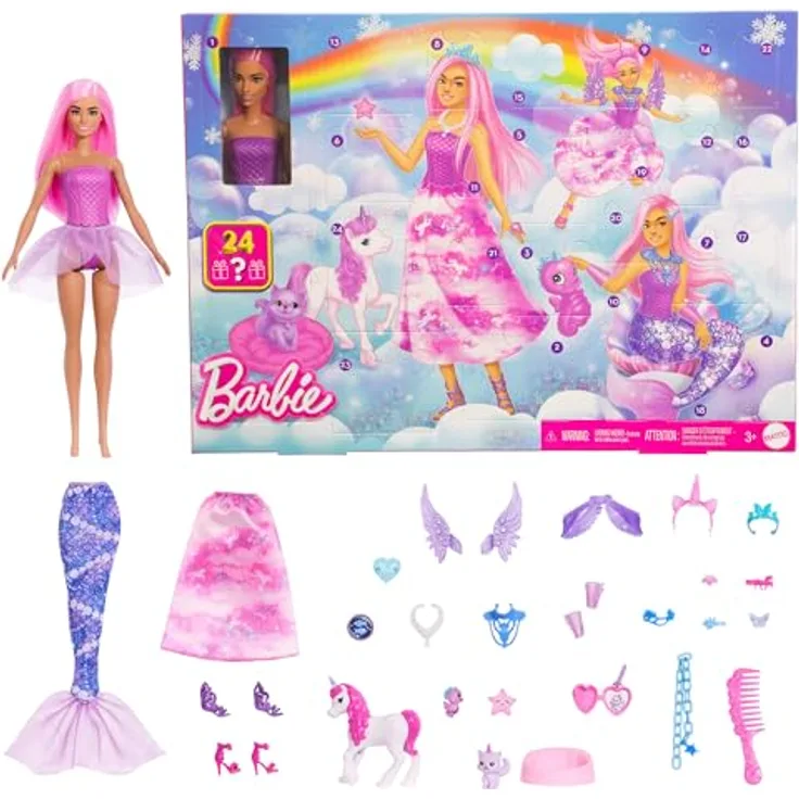 Barbie Adventskalender JFL66, mit Puppe und 24 Überraschungs-Accessoires, rosa Haar, verwandelbar in Meerjungfrau, Fee und mehr, inkl. Mini-Einhorn und Tiere