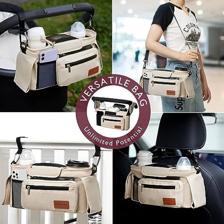 Momcozy Kinderwagen Organizer mit isolierten Getränkehaltern, Reißverschlusstasche und verstellbarem Schultergurt, Universell passend für die meisten Kinderwagen, stauraum für Windeln & Handys – Bild 4