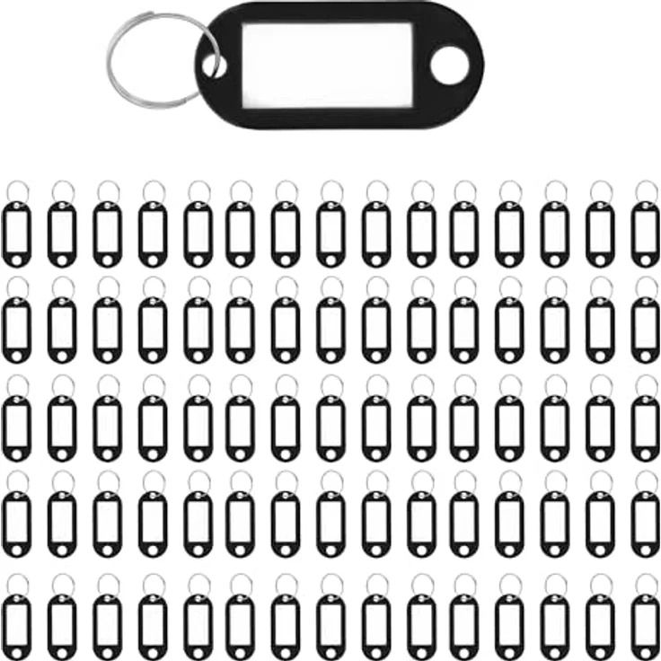 Westcott Schlüsselanhänger 100 Stück | 100er Pack robuste Anhänger zum Beschriften mit austauschbaren Etiketten | Mit Metall-Ring in Schwarz
