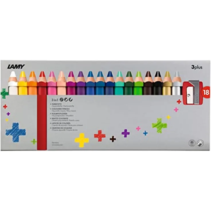 Lamy 3plus Farbstift 18er Set, Farb-, Aquarell- & Wachsmalstift aus Lindenholz mit ergonomischer Viereckform, dicke Mine Ø 10 mm