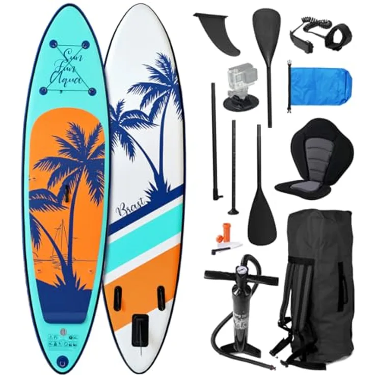 BRAST SUP Board Tropic, Aufblasbares Stand up Paddle Set, 320x81x15cm, 140kg Tragkraft, 6 Designs, 5 Jahre Garantie, inkl. Kajaksitz, 2in1 Paddel, Action-Cam-Halterung, Rucksack, Pumpe