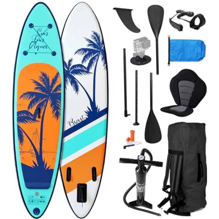 BRAST SUP Board Tropic, Aufblasbares Stand up Paddle Set, 320x81x15cm, 140kg Tragkraft, 6 Designs, 5 Jahre Garantie, inkl. Kajaksitz, 2in1 Paddel, Action-Cam-Halterung, Rucksack, Pumpe – Bild 1