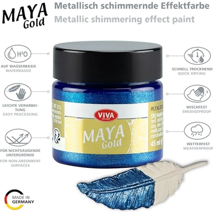 Viva Decor Maya Gold 45ml (Blau), Metallic-Acrylfarbe für Holz, Glas und Porzellan, stoßfest, wischfest und wetterfest – Bild 3
