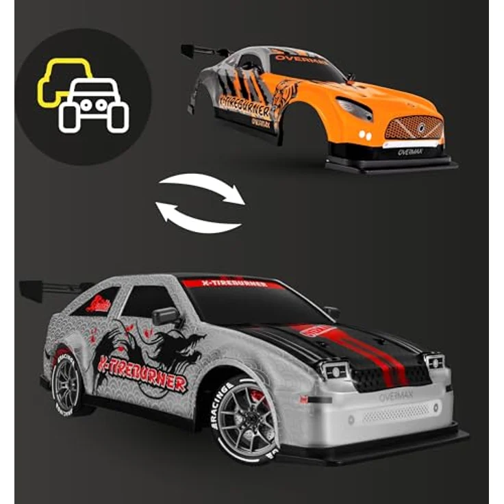Overmax X-TIREBURNER RC-Auto, Drift-/Rennwagen mit 20 km/h, 2 Akkus, 2 Karosserien, LED-Beleuchtung, Plug’n’Play, Hindernisparcours-Set – Bild 2