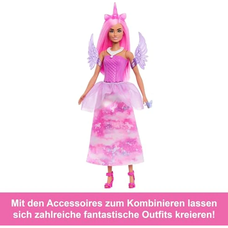 Barbie Adventskalender JFL66, mit Puppe und 24 Überraschungs-Accessoires, rosa Haar, verwandelbar in Meerjungfrau, Fee und mehr, inkl. Mini-Einhorn und Tiere – Bild 2