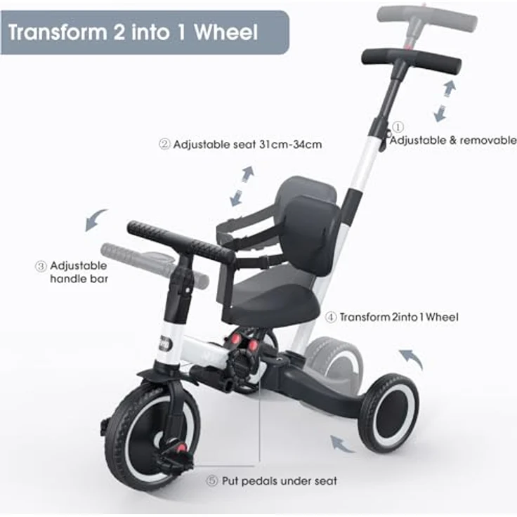 newyoo 5 in 1 Laufrad Dreirad, ab 1 Jahr mit Schubstange, verstellbarem Sitz und abnehmbaren Pedalen, bis 25 kg, Weiß – Bild 4