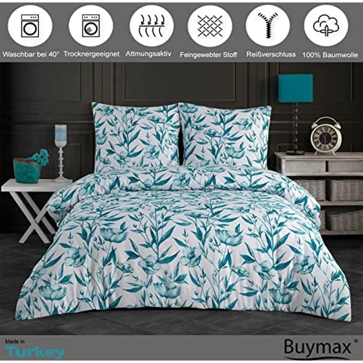 Buymax Bettwäsche 135x200 Baumwolle 2-Teilig Bettgarnitur mit Bettbezug und Kissenbezug 80x80 Renforce Bettwäsche-Set Botanisch Geblümt Blumen-Muster Blätter, Petrol Grün – Bild 2
