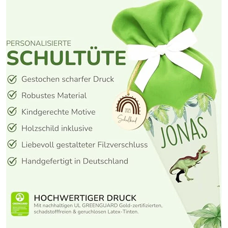 Kidsmood Dinosaurier Schultüte, personalisiert mit Namen, hochwertiges Bastelset inkl. Rohling, Stoff & Holzschild, uriges Dino Design für Einschulung 2026, ideales Geschenk für Jungen – Bild 3