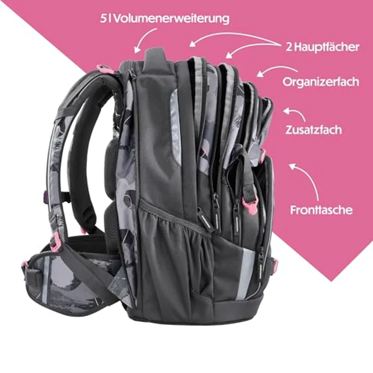 Coocazoo Schulrucksack Porter „Bubble Brush”, grau-rosa, ergonomisch & anpassbar, 30L erweiterbar, mit Brustgurt & Hüftgurt, ab 3. Klasse – Bild 3