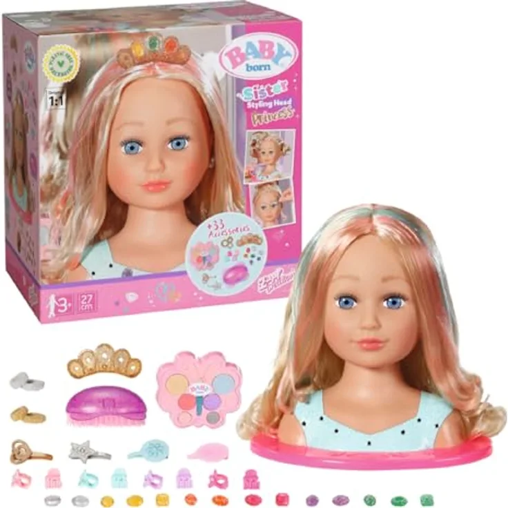 BABY born Sister Styling Head, Puppenschminkkopf für Kinder mit Langen blonden Haaren inkl. Schminkpalette, Bürste und Stylingaccessoires, Schminke für Puppe und Kinderhaut, 835432, Zapf Creation