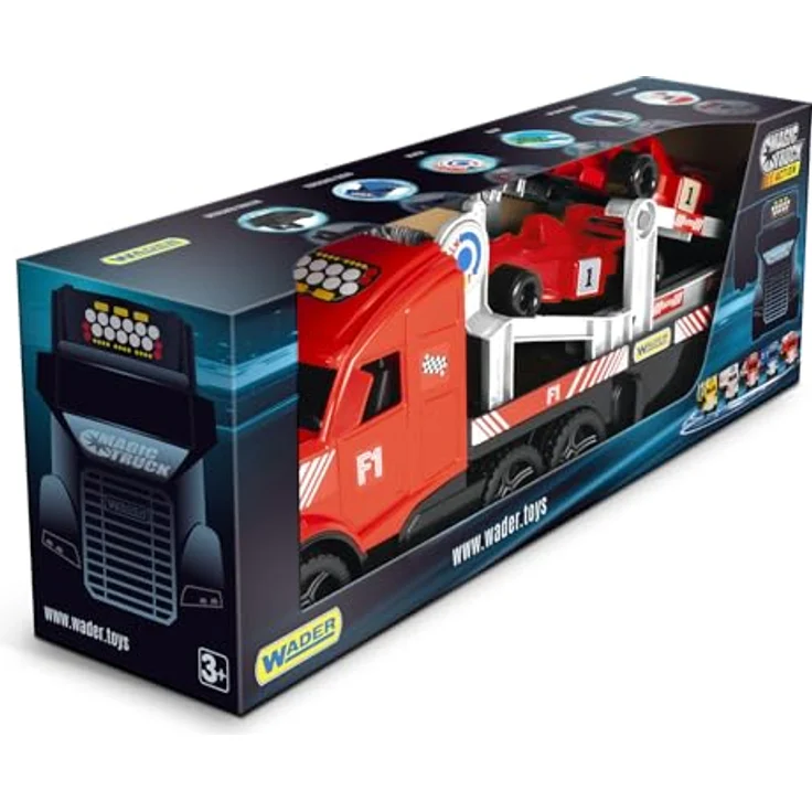Wader 36241 Magic Truck Formel 1 Transporter mit Seilwinde, Größe ca. 79 cm, für Kinder ab 3 Jahren, schadstofffreies Spielzeug mit leuchtenden Scheinwerfern – Bild 2