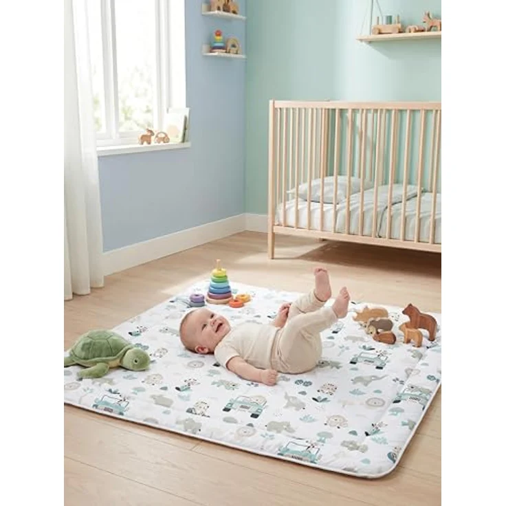 TupTam Krabbeldecke 120x120 cm - Gepolsterte Spieldecke aus 100% Baumwolle, OEKO-TEX, weich & hautfreundlich, Farbe: Zoo Grün – Bild 3