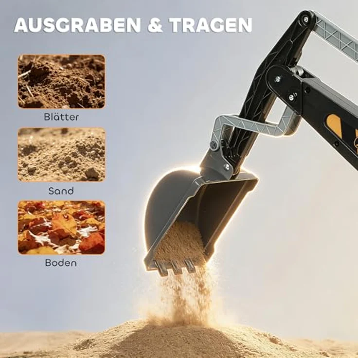 AIYAPLAY Sitzbagger Aufsitzbagger mit manuell bedienbarem Arm und Schaufel, drehbarer Aufbau, verstellbare Rückenlehne, bis 25 kg, Gelb, für Kinder 1,5-3 Jahre – Bild 4