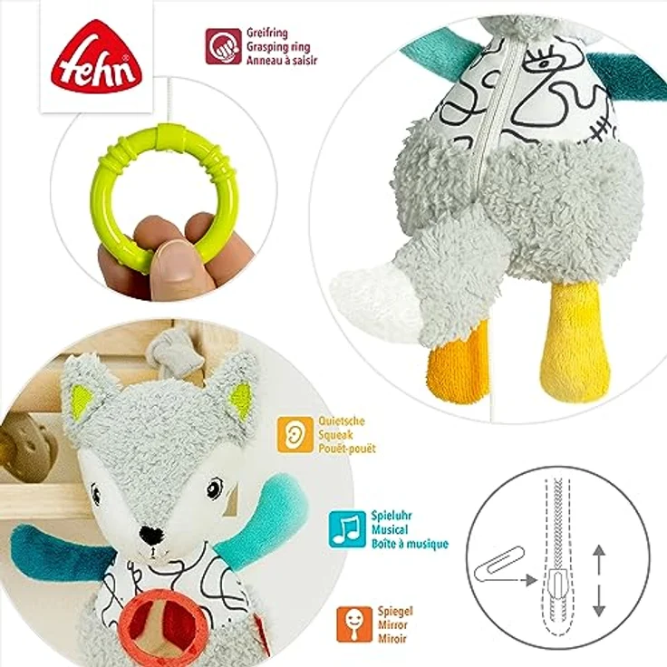 Fehn Mini-Spieluhr Fuchs – Kuscheltier & Einschlafhilfe mit Spiegel & herausnehmbarem Spielwerk – Melodie „Weißt du wieviel Sternlein stehen“ – zuhause & unterwegs – für Babys & Kinder ab 0+ Monaten – Bild 4