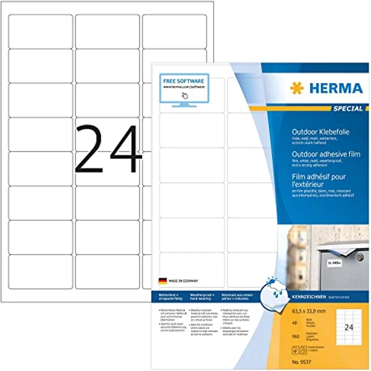 HERMA 960 Folien-Kraftklebe-Etiketten 9537, weiß, 63,5 x 33,9 mm, selbstklebend, öl- und schmutzabweisend, bedruckbar – Bild 1