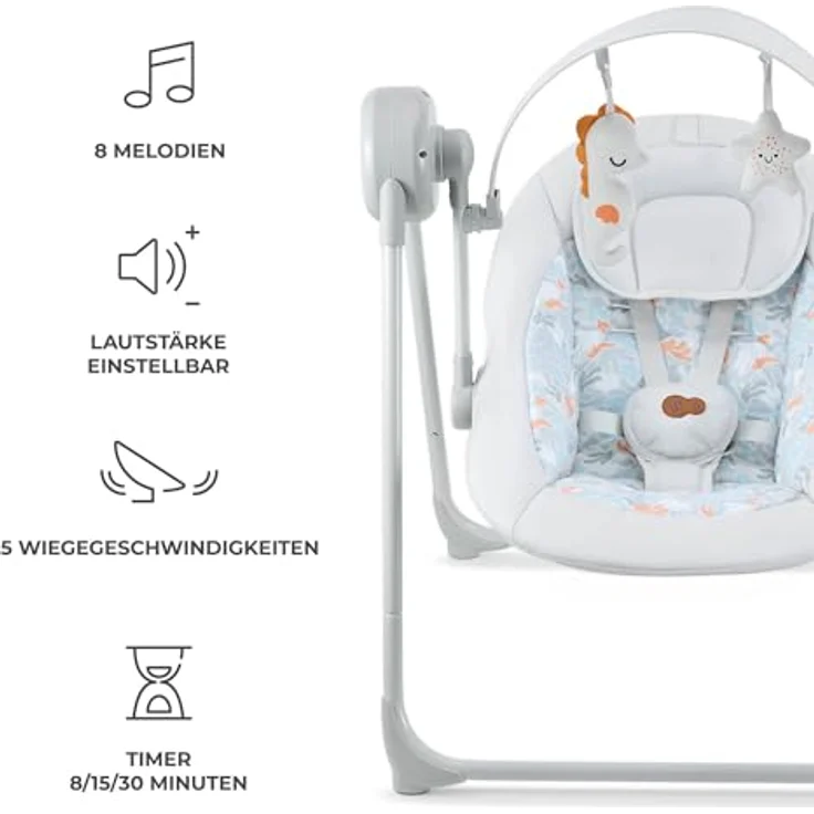 Kinderkraft SWINGEE Elektrische Babywippe, mit Schwingfunktion, 5 Geschwindigkeitsstufen, eingebauter Timer, 8 Beruhigungsmelodien, verstellbare Rückenlehne, klappbar, grau – Bild 3