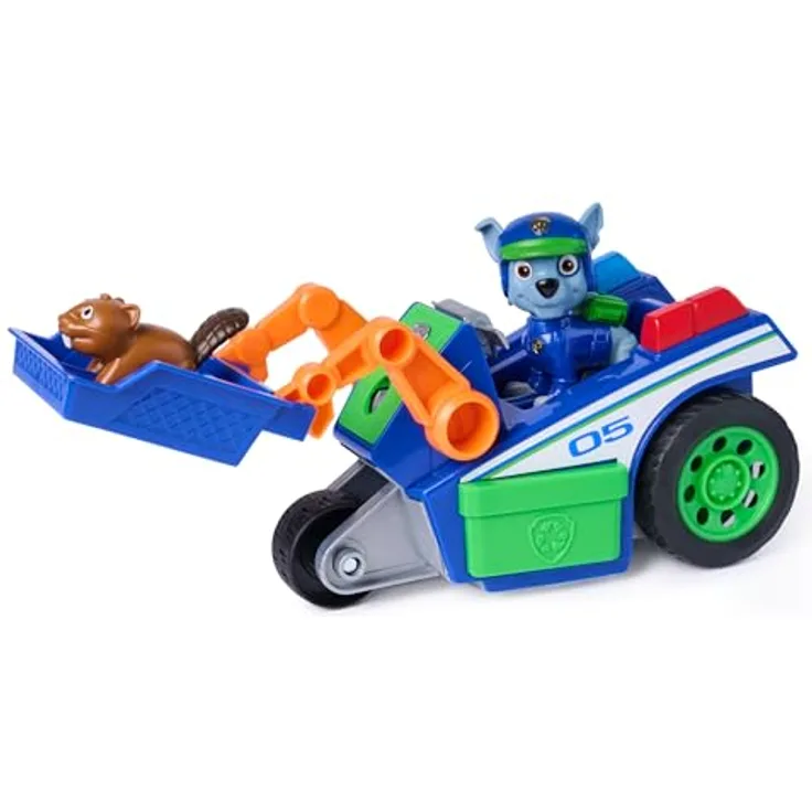 Paw Patrol PAW Search & Rescue Vehicle Rocky, Rückziehfahrzeug-Set mit 15 cm Auto und 2 Figuren, inkl. Rocky in Rescue-Uniform und Eichhörnchenfigur, für Kinder ab 3 Jahren