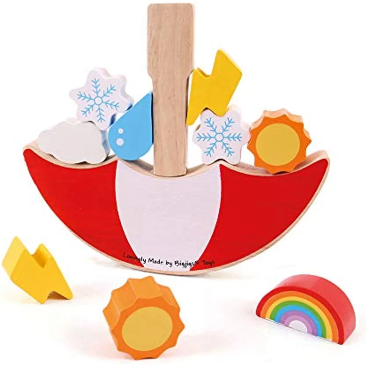 Bigjigs Toys Gleichgewichtsspiel Wetter, Holzspielzeug mit Schirm-Design und Wetter-Themenfiguren – Bild 1