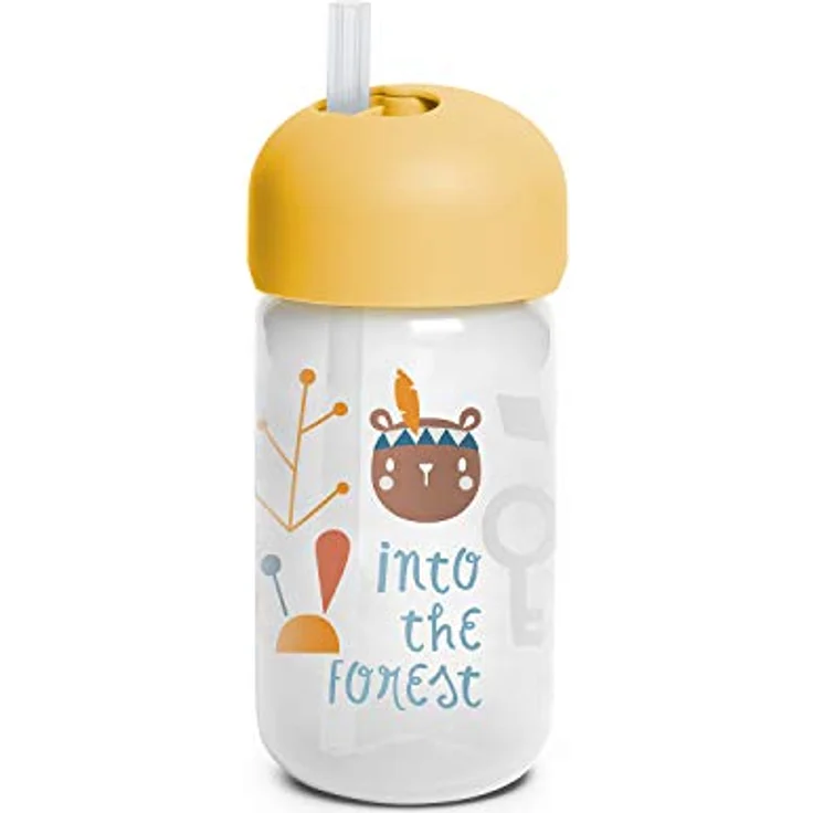 Suavinex 401207 Trinkbecher Baby Training Cup, auslaufsicher mit flexiblem Silikonstrohhalm, Tropfschutz, Waldfarbe Gelb, 340 ml, ab 18 Monaten – Bild 1
