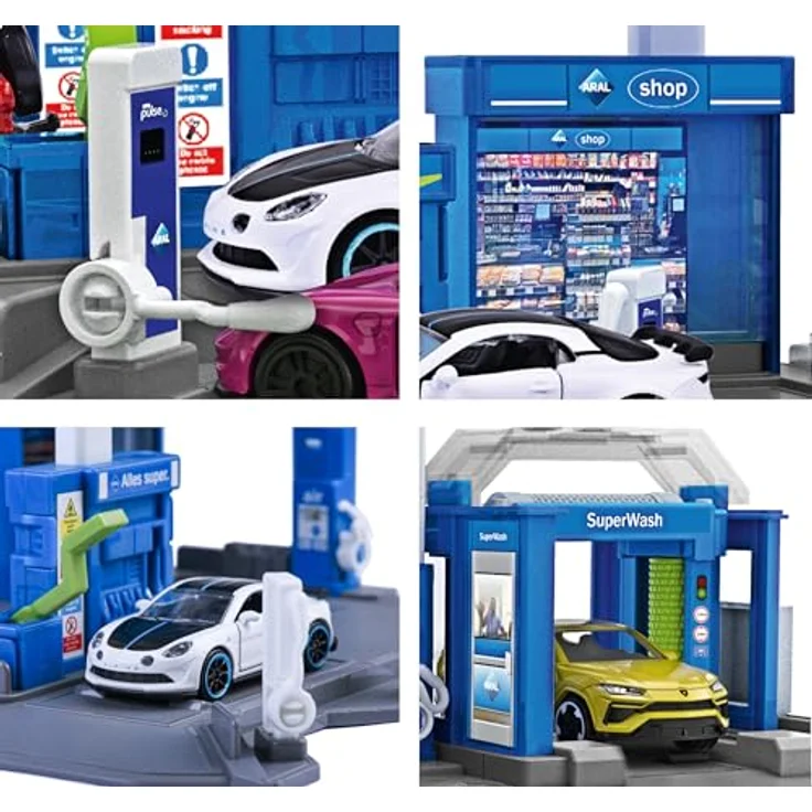 Majorette Petrol Station ARAL, Spielzeug-Tankstelle mit Waschanlage, Shop und Zapfsäulen, inkl. Spielzeugauto, 17x28x10 cm, blau – Bild 5