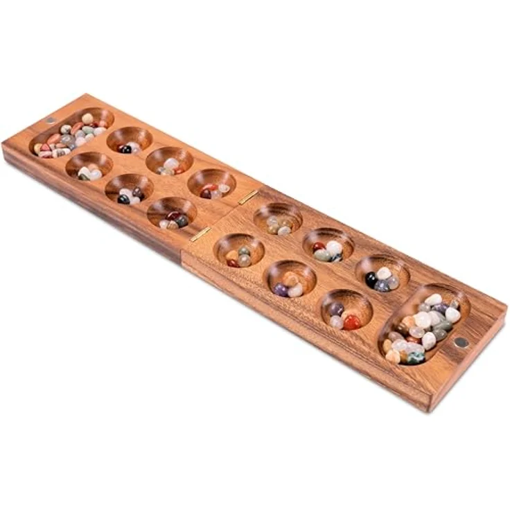 Logoplay Holzspiele Kalaha Spiel mit Magnetverschluss für 2 Spieler, Spielfeld 14 x 49 cm, inklusive 75 Edelsteinen aus Dunklem Samena-Holz – Bild 2
