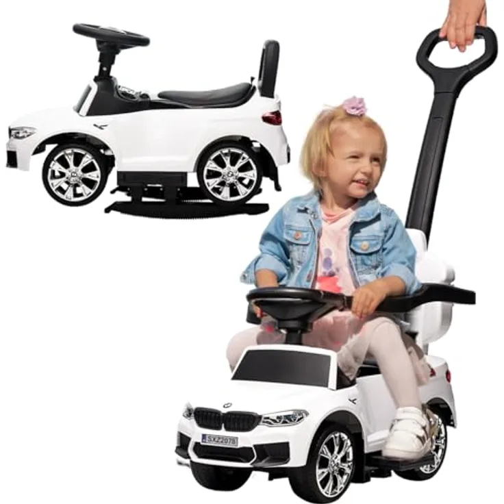 Actionbikes Motors BMW M5 Lauflernwagen, 3-in-1 Rutschauto mit Schiebestange und Soundmodul, sicher und bequem für Kinder ab 1 Jahr, Weiß