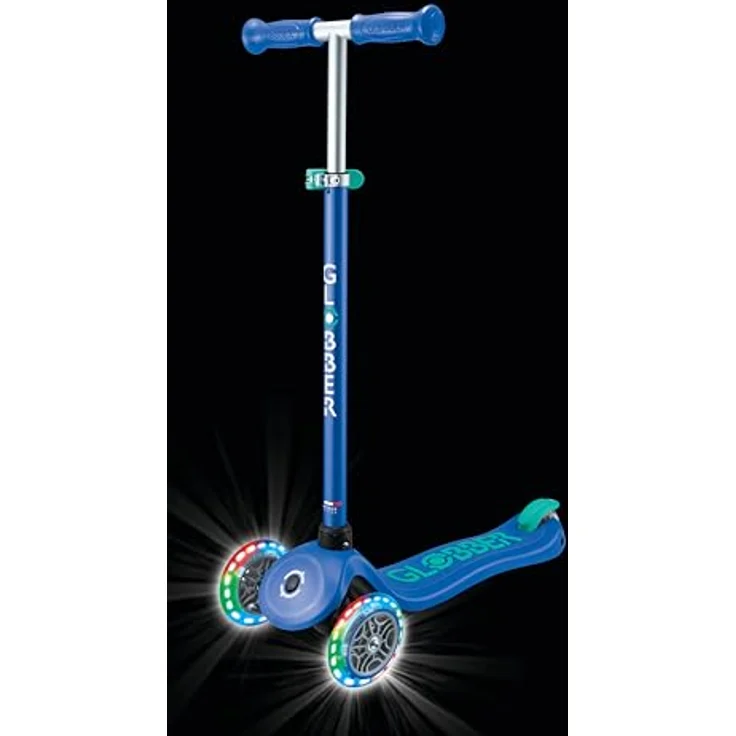 GLOBBER PRIMO PLUS LIGHTS, Tretroller für Kinder, 3-rädrig, höhenverstellbar, batterielose LED-Leuchtrollen, 120/80 mm, ABEC 9, blau – Bild 8