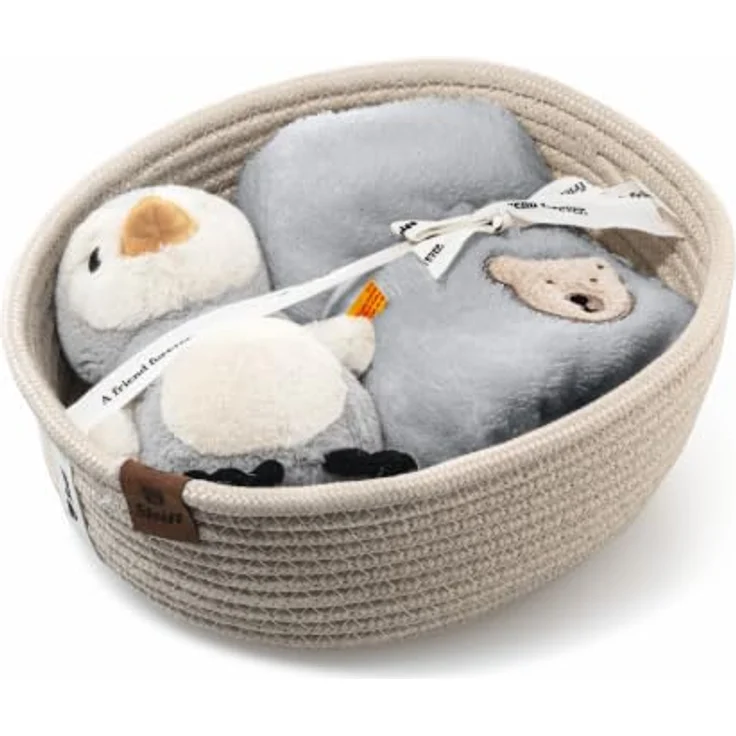 Steiff Pinguin Lio Geschenkset, Rassel & Latz aus 100% grauer Baumwolle, 22 cm, mit dekorativem Aufbewahrungskorb – Bild 6