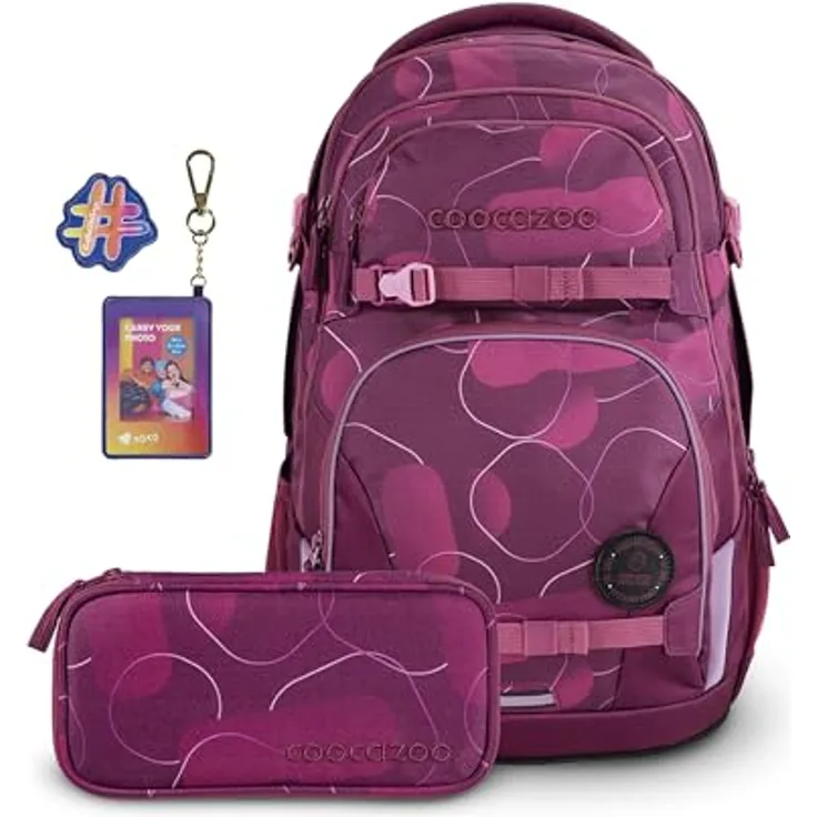 Coocazoo Schulrucksack-Set Porter „Berry Bubbles & Follow Me“ 3-teilig, lila-rosa, ergonomischer 35L Tornister mit Brust- und Hüftgurt für Kinder ab der 5. Klasse
