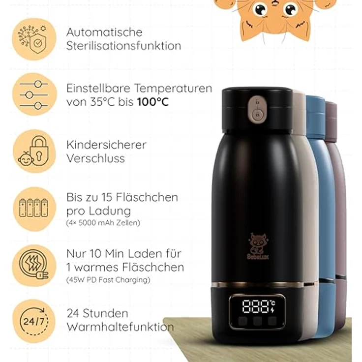 BebeLux BebeWarm V2, Babyflaschenwärmer mit 2 Min Aufwärmzeit, kompatibel für Milch, Muttermilch & Wasser, 15 Flaschen pro Ladung, BPA-frei, Sterilisation bis 100 °C, mobil und kompakt – Bild 4