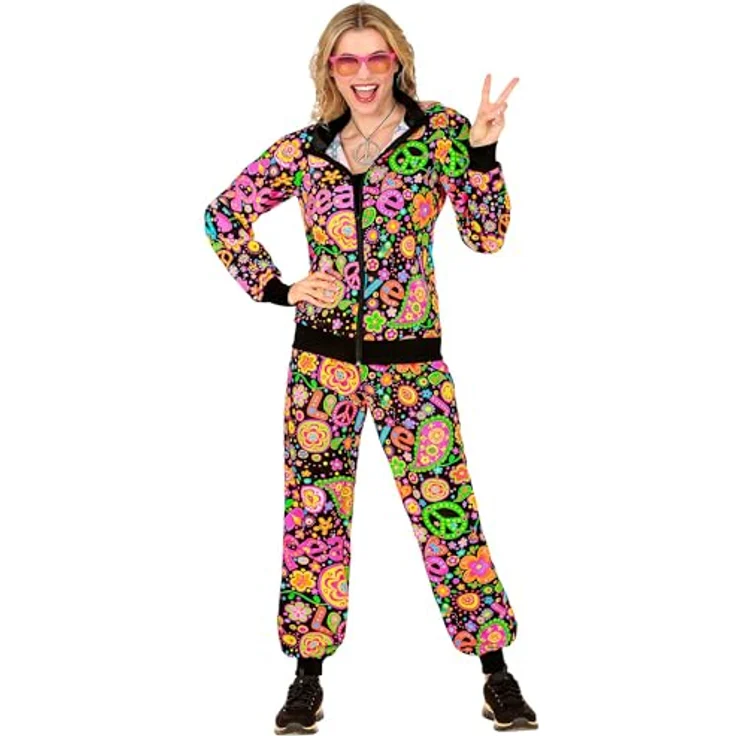 W WIDMANN MILANO Party Fashion Kostüm Trainingsanzug, Hippie Stil, 80er Jahre Outfit, Jogginganzug mit bunten Blumen und Peace-Symbolen, Größe L – Bild 3