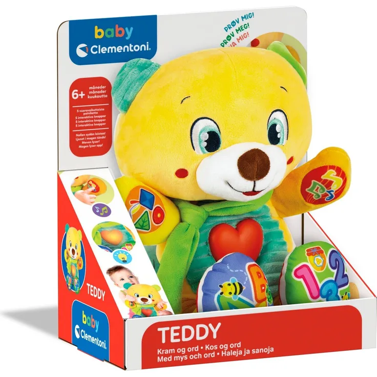 Clementoni Interaktiver Teddy-Plüsch, Kuscheltier mit leuchtendem Herz und Sprachfunktionen, SE-NO-DK-FI