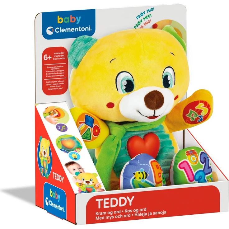 Clementoni Interaktiver Teddy-Plüsch, Kuscheltier mit leuchtendem Herz und Sprachfunktionen, SE-NO-DK-FI