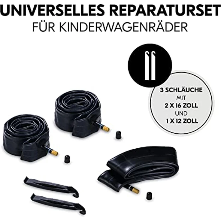 Hauck Kinderwagen Schlauch Set 2x 16 Zoll und 1x 12 Zoll Durchmesser Inklusive Reifenheber, Ersatzreifen Schlauch für Dreirad-Kinderwagen und Buggys Zum Biespiel hauck Runner Serie Schwarz – Bild 3