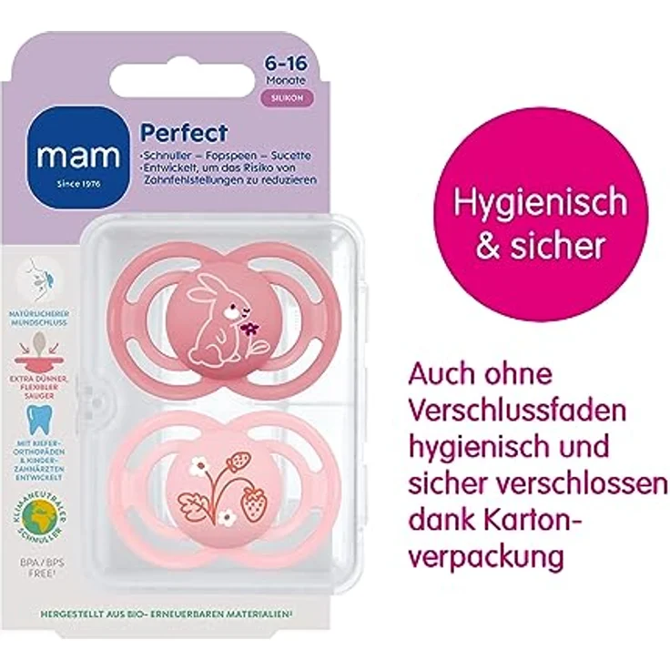 MAM Perfect Schnuller im 2er-Set, für eine gesunde Zahn- und Kieferentwicklung, Baby Schnuller aus nachhaltigen & bio-erneuerbaren Materialien, mit Schnullerbox, 6-16 Monate, Hase/Blume – Bild 2