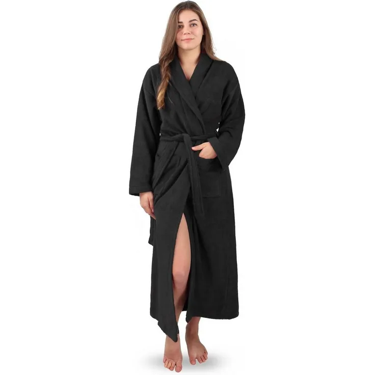 normani Damenbademantel Lola 135 extra lang mit Schalkragen und Bindegürtel, 100 % Baumwolle, saugstark - Blau