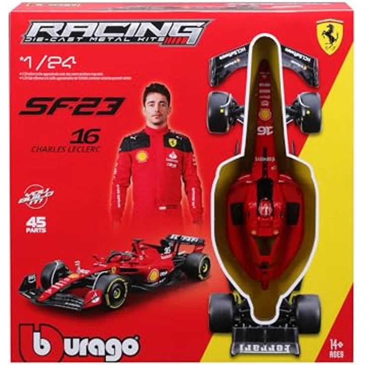 Bburago Formel 1 KIT Ferrari SF23 (2023), Modellauto Bausatz 1:24, 45-teilig, Fahrer #16 Charles Leclerc, 27cm, schwarz-rot – Bild 3