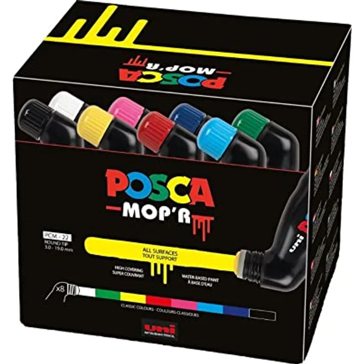POSCA uni-ball 183208 - POSCA Marker MOP´R PCM-22, 8er Set, runde Stempelspitze 3 - 19 mm, ergonomische Form
