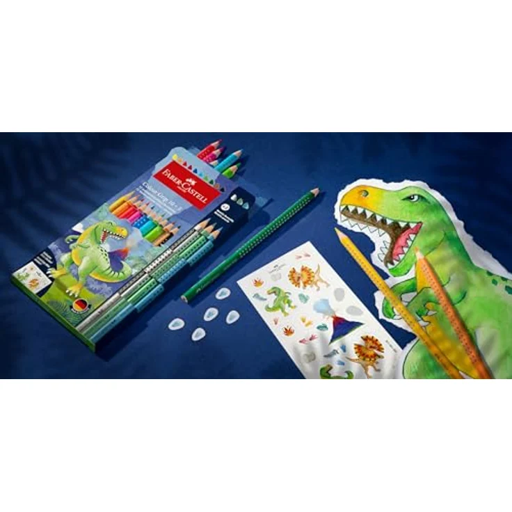 Faber-Castell Buntstift Buntstifte Jumbo GRIP Dino - 10+3 Farben, Kartonetui inkl. Dinosticker, Colour Grip Buntstifte mit T-Rex Motiv und metallic Effekt – Bild 4